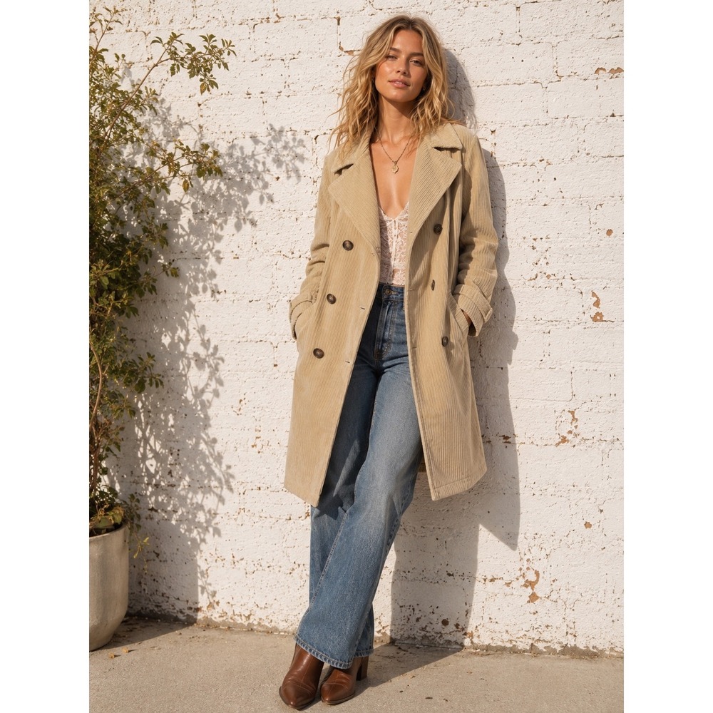 Vintage Corduroy Double Breasted Pea Car Coat Cream Jacket Large‎ XL